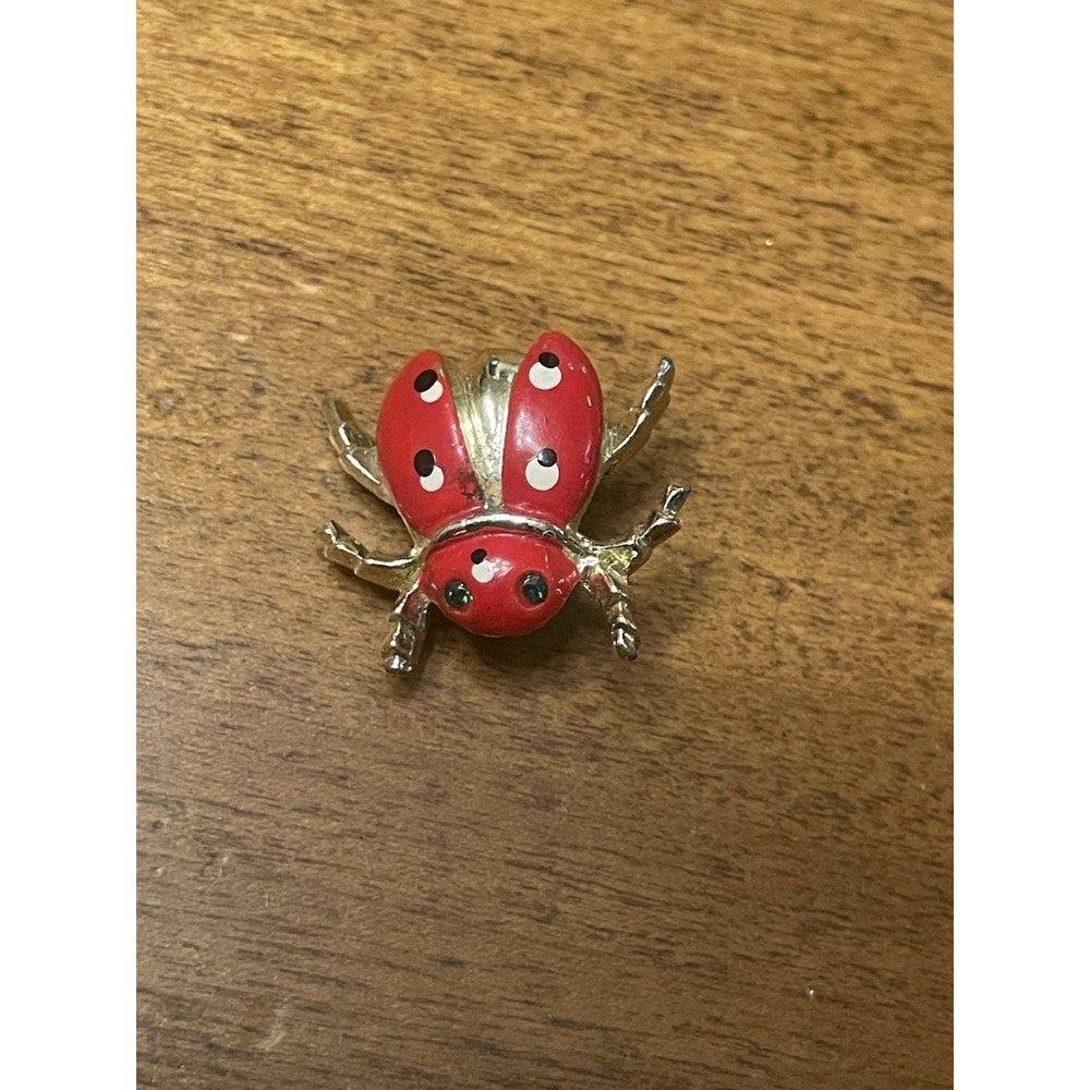 Vtg Enamel Red Ladybug With Green Eyes Pin/ Brooch 1"